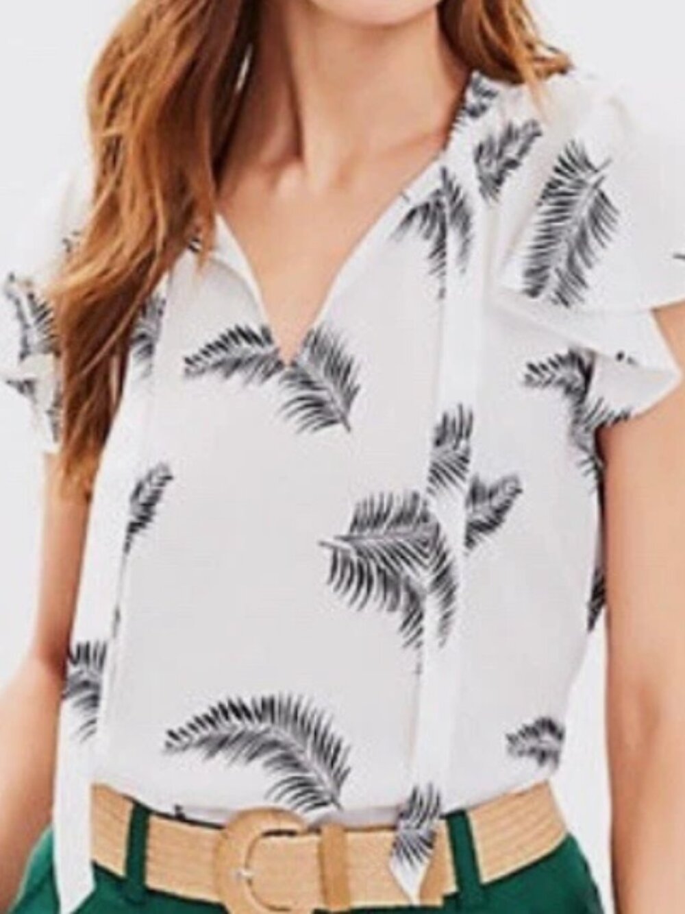 LOFT Palm Print Ruffle Tie Neck Blouse Top |XS